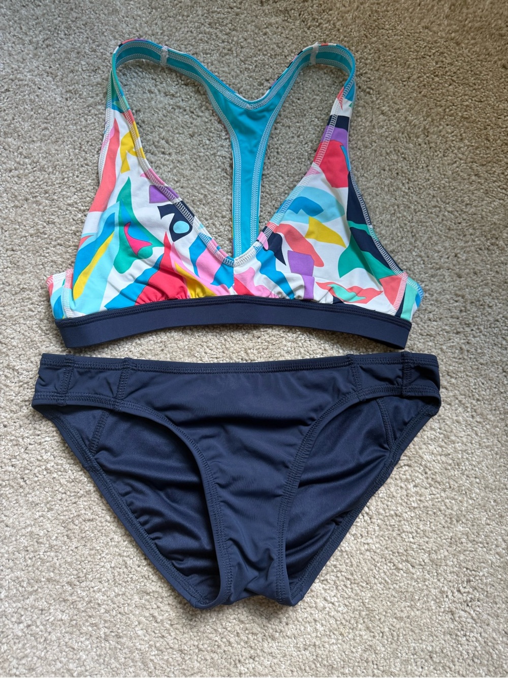Anne Cole Multicolor Print Racerback Bikini with Navy Bottoms
